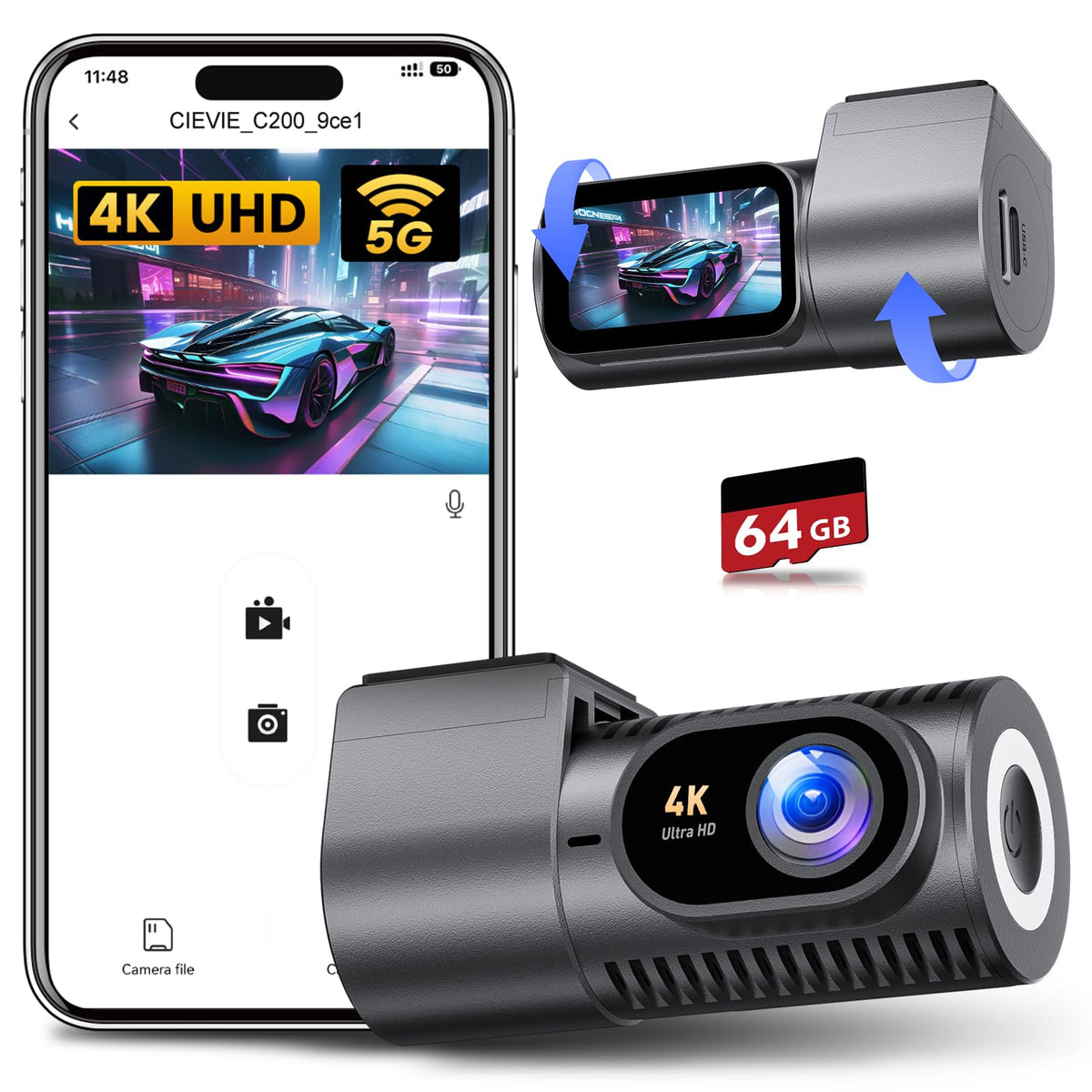 Cievie C200 Dashcam Auto vorne 4K mit WiFi, 64 GB & Nachtsicht – kompakte Frontkamera mit 1,5-Zoll-IPS-Display