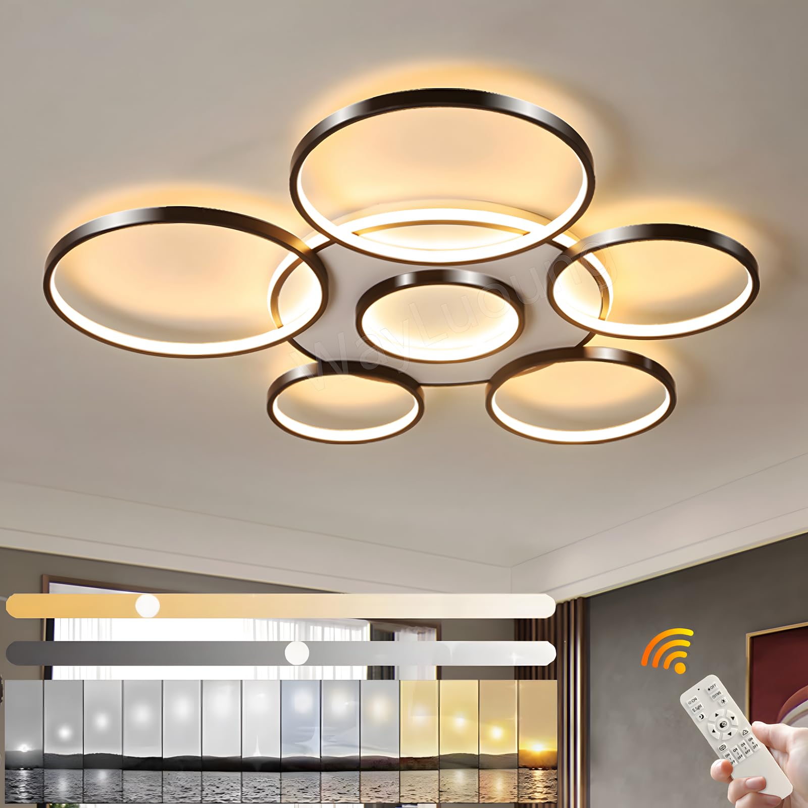 LuxSwiss Moderne 7-Ringe LED Deckenleuchte - Ø110cm, schwarz, dimmbar. Sieben schwarze Ringe, Ø110cm, beleuchten Räume dimmbar.