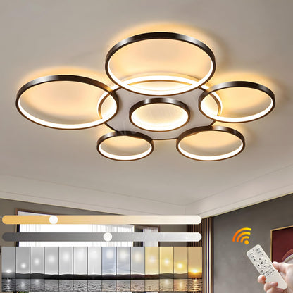 LuxSwiss Moderne 7-Ringe LED Deckenleuchte - Ø110cm, schwarz, dimmbar. Sieben schwarze Ringe, Ø110cm, beleuchten Räume dimmbar.