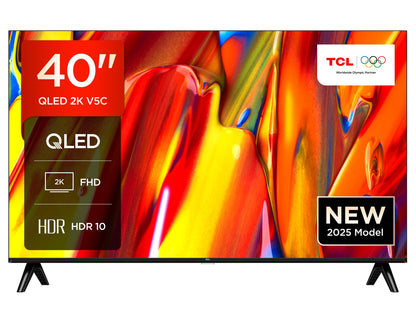 TCL 40V5C Smart QLED Android TV - 40 Zoll Full HD: Flaches, rechteckiges schwarzes QLED-Display. Android Smart TV für Full HD-Unterhaltung.