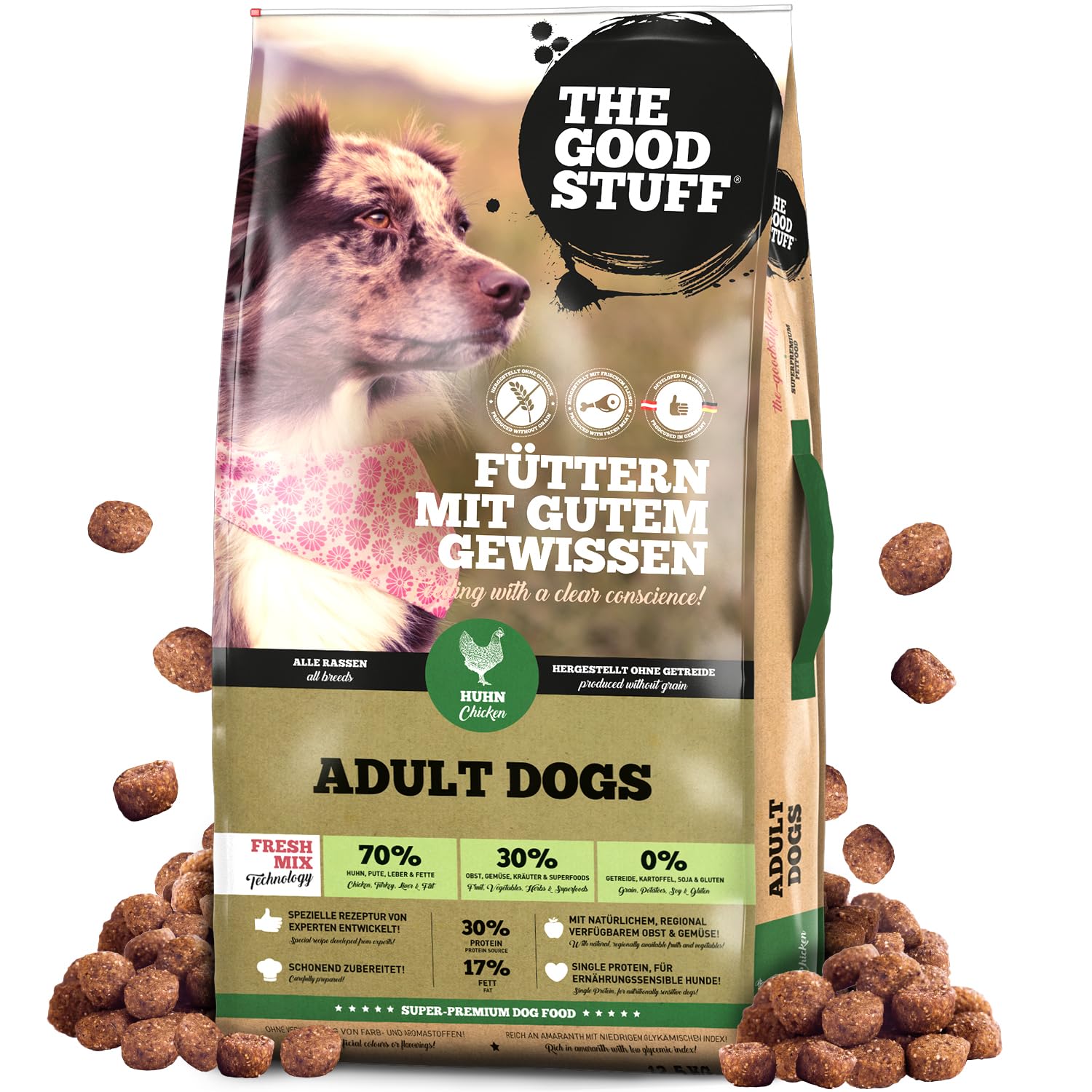 The GOODSTUFF Huhn Adult Hundetrockenfutter - 12,5 kg. Braune Futterbrocken als hochwertiges Alleinfuttermittel für adulte Hunde.