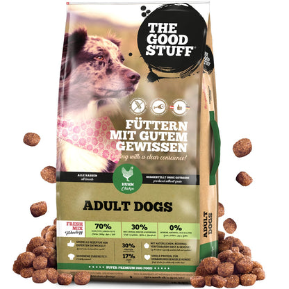 The GOODSTUFF Huhn Adult Hundetrockenfutter - 12,5 kg. Braune Futterbrocken als hochwertiges Alleinfuttermittel für adulte Hunde.