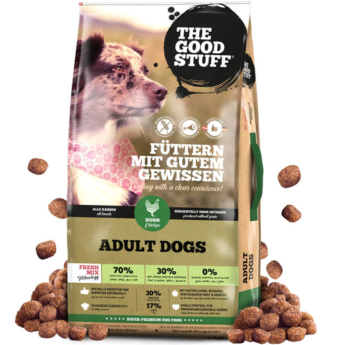 The GOODSTUFF Huhn Adult Hundetrockenfutter - 12,5 kg. Braune Futterbrocken als hochwertiges Alleinfuttermittel für adulte Hunde.