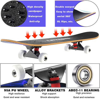 LAYENNE Skateboard Komplettboard 31 x 8 Zoll, Ahorn, ABEC-11, rot
