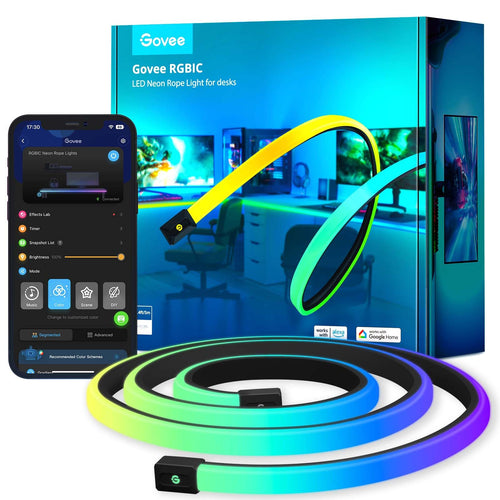 Govee RGBIC Neon Gaming LED Streifen Schreibtisch - 5M. Flexibler RGBIC-Streifen. Erzeugt adressierbare Gaming-Hintergrundbeleuchtung am Schreibtisch.