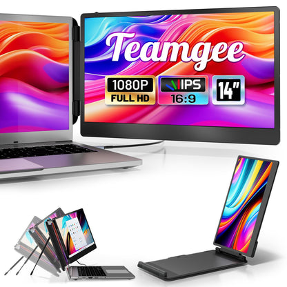 Teamgee Portable Laptop Monitor 14" FHD - Dual Screen Erweiterung. Rechteckiges, schwarzes Panel. Erweitert den Laptop-Arbeitsbereich.