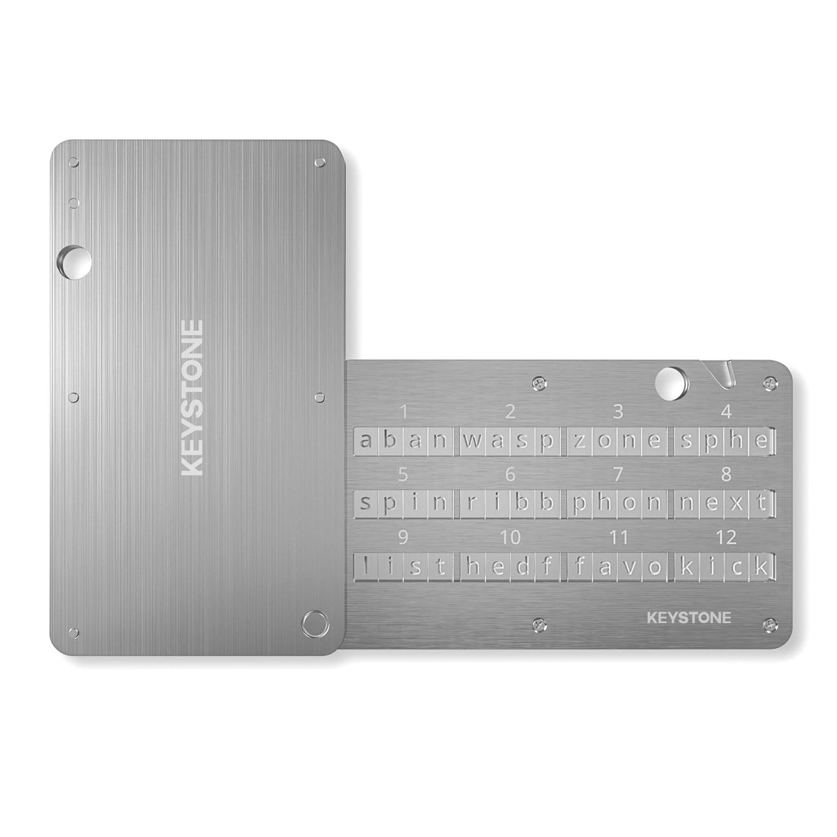 KEYSTONE Tablet Crypto Seed Storage. Flaches, silbernes Edelstahl-Panel. Sichert 24 Wiederherstellungswörter für Kryptowährungs-Wallets.