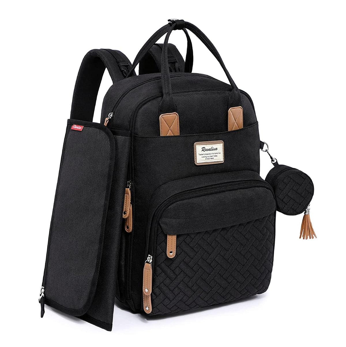 RUVALINO Wickelrucksack mit Wickelauflage und Schnullerhalter, schwarz, aus wasserfestem Stoff