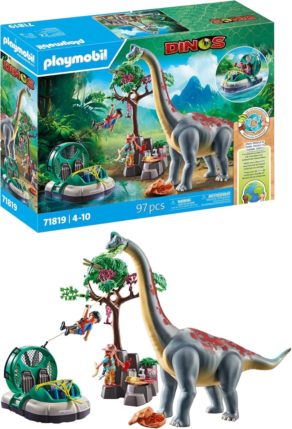 PLAYMOBIL Brachiosaurus-Begegnung mit Luftkissenboot Spielset 71819. Brachiosaurus-Figur und Luftkissenboot zum Nachspielen von Abenteuern.