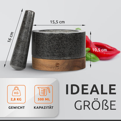 ECENCE Mörser mit Stössel, Naturgranit, Akazienholz-Sockel, Ø 15,5 cm