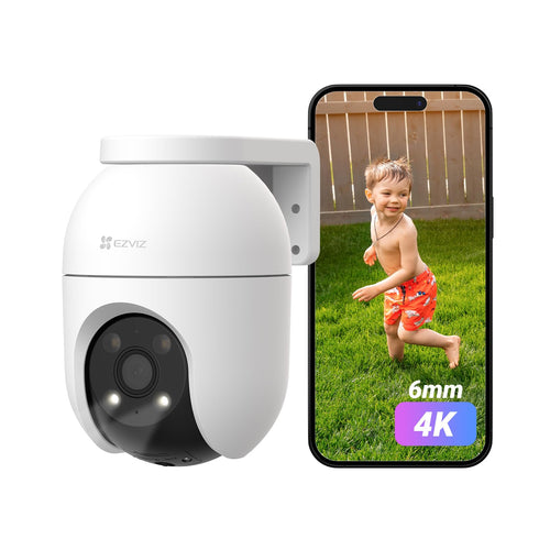EZVIZ C8c WLAN Pan&Tilt Überwachungskamera Aussen - 8MP. Weiße Kamera mit schwenk- & neigbarem Kopf. Sie überwacht flexible Außenbereiche.