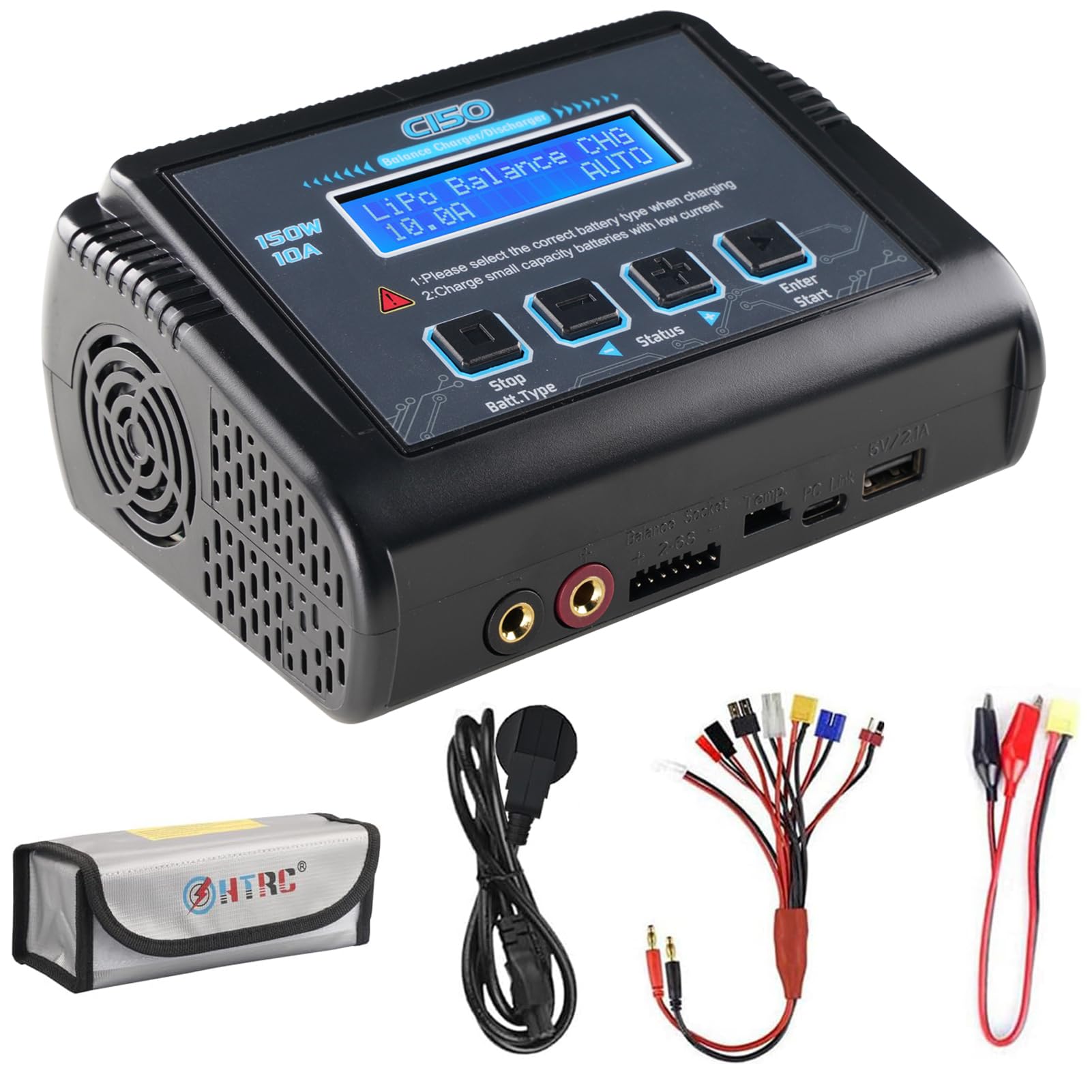 HTRC C150 LiPo RC Ladegerät 150W 10A mit Balancer. Rechteckiges Gehäuse. Lädt und balanciert LiPo-Akkus für RC-Modelle.