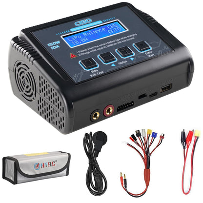 HTRC C150 LiPo RC Ladegerät 150W 10A mit Balancer. Rechteckiges Gehäuse. Lädt und balanciert LiPo-Akkus für RC-Modelle.