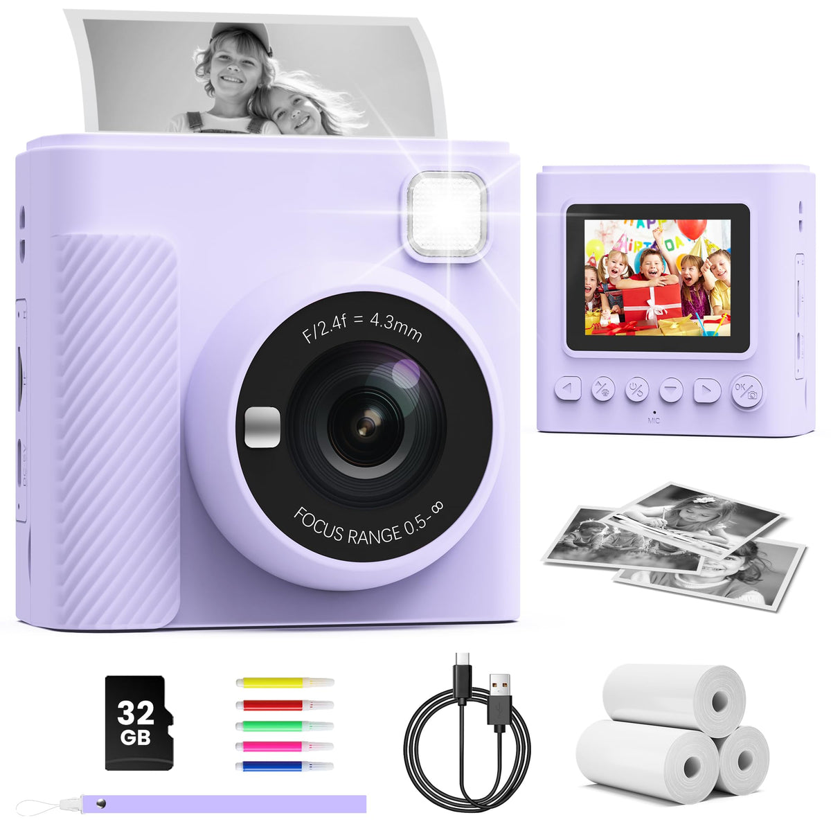 TIATUA Kinderkamera Sofortbildkamera X2 mit 32 GB Karte, lila, Kinder-Digitalkamera mit 2,4-Zoll-Display