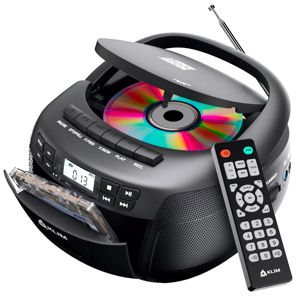 KLIM Boombox CD-Player mit Kassette, Radio, USB & Bluetooth mit Tragegriff und zwei Lautsprechern