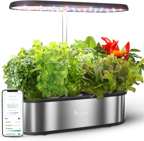 LETPOT LPH-SE WiFi Hydroponik System - 12 Hülsen Indoor Garten. Weißes, rechteckiges Gerät mit 12 Pflanzöffnungen. Zur automatischen, erdlosen Pflanzenzucht im Innenbereich.