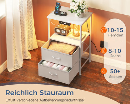 Coleshome Nachttisch Weiss mit LED, 2 USB-Anschlüssen und Steckdose