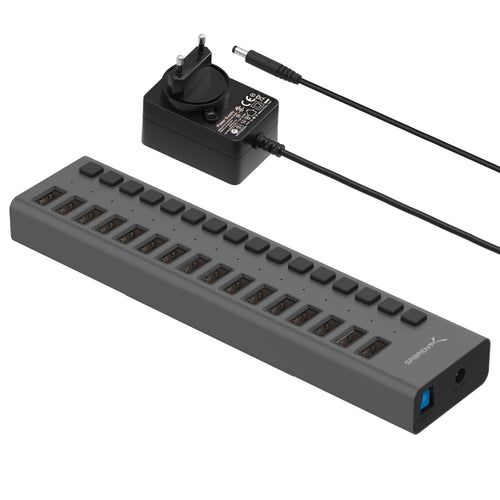SABRENT 16-Port USB 3.2 Hub aktiv mit 90W Netzteil (HB-PU16) mit Einzelschaltern und LED-Anzeigen