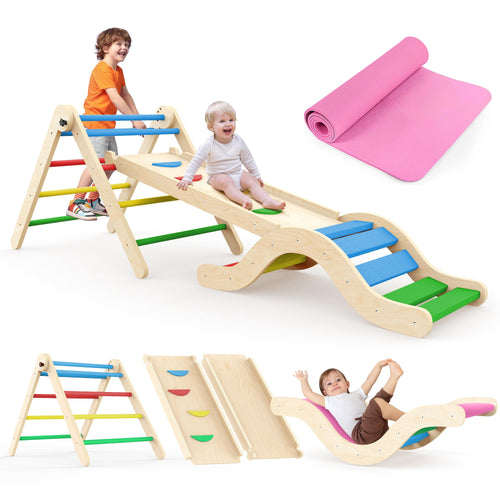 Montessori Klettergerüst 7-in-1 Indoor Spielset - Bunt. Buntes Holzgerüst. Fördert Motorik, Gleichgewicht und freies Spielen drinnen.