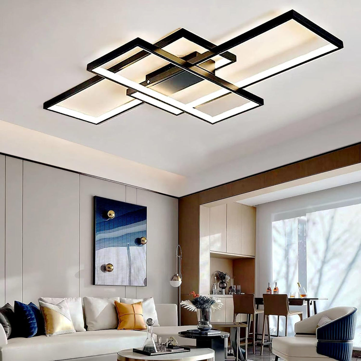 ASJK LED Deckenleuchte Modern Eckig – 80cm, Schwarz mit Fernbedienung. Beleuchtet moderne Wohnräume und ist fernsteuerbar.