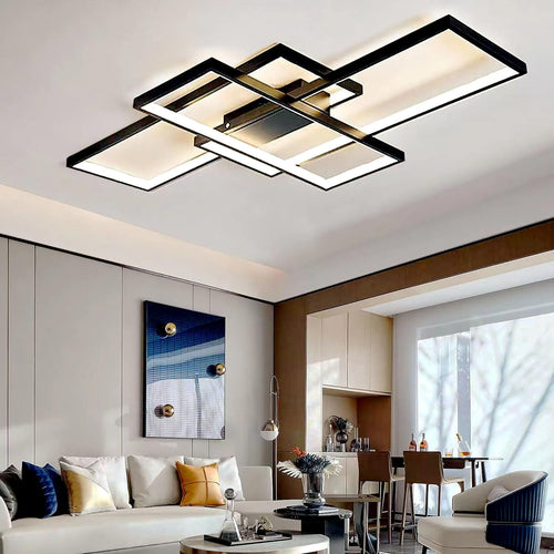 ASJK LED Deckenleuchte Modern Eckig – 80cm, Schwarz mit Fernbedienung. Beleuchtet moderne Wohnräume und ist fernsteuerbar.