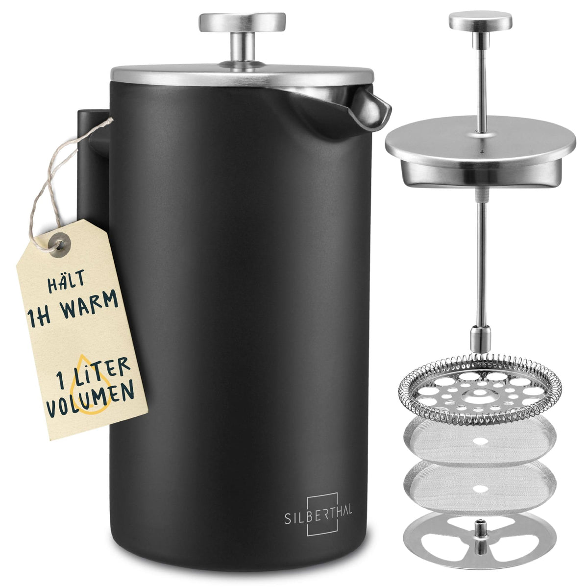 SILBERTHAL French Press Thermo 1 Liter, Kaffeebereiter aus Edelstahl, doppelwandig isoliert