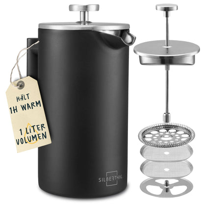 SILBERTHAL French Press Thermo 1 Liter, Kaffeebereiter aus Edelstahl, doppelwandig isoliert