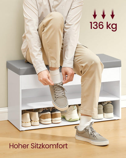 VASAGLE Schuhbank mit Sitzkissen, 3 Ebenen, Wolkenweiss-Taubengrau