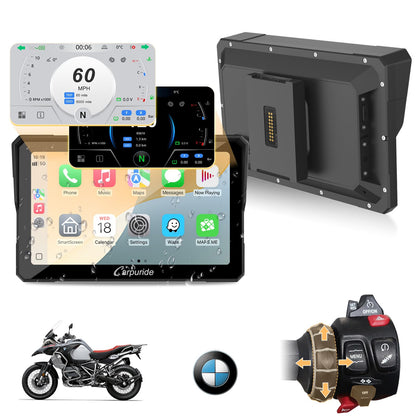 Carpuride W702BS Pro Motorrad CarPlay Display 7" für BMW. Schwarzes Gehäuse. Navi- und Multimedia-Anzeige für Motorräder.