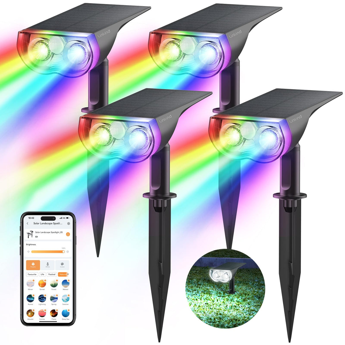 Linkind SL5 Smart Solar Gartenstrahler 4er Set mit Bewegungsmelder, drehbar für Boden- und Wandmontage