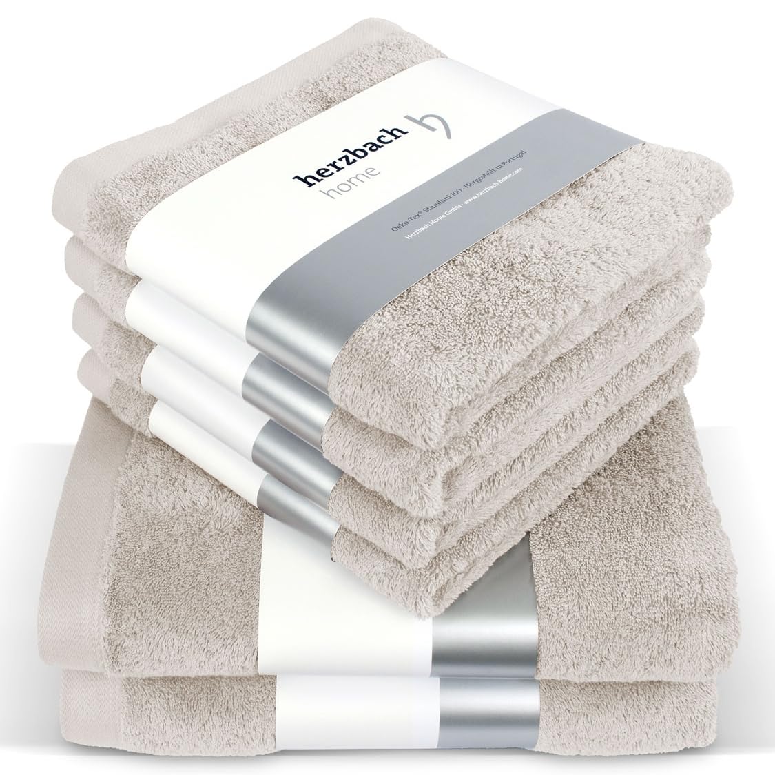 herzbach home Premium Handtücher-Set Baumwolle - Sandgrau. Rechteckige, flauschige Baumwoll-Handtücher in Sandgrau für saugfähiges Abtrocknen im Bad.