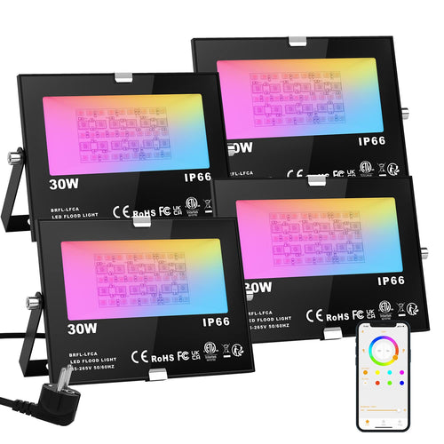 ChangM RGB LED Flutlicht 30W - 4er Pack Bluetooth App. Rechteckig, schwarz beleuchten Außenbereiche farbig.