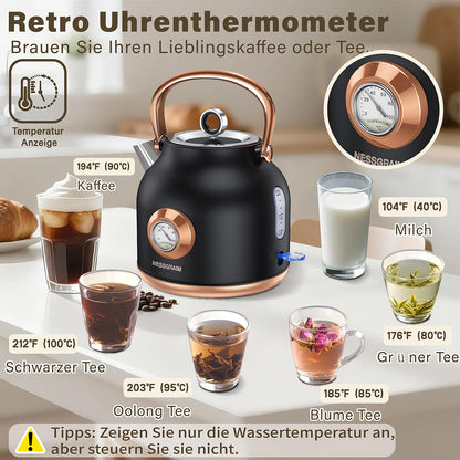 NESSGRAIM Retro-Wasserkocher 1,7 l Edelstahl mit Temperaturanzeige