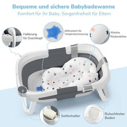 DEANIC Babybadewanne faltbar mit Kissen, Babywanne 0-12 Monate, Grau