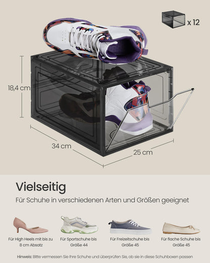 SONGMICS LSP412B01 Schuhboxen Kunststoff – 12er Set Transparentes Schwarz