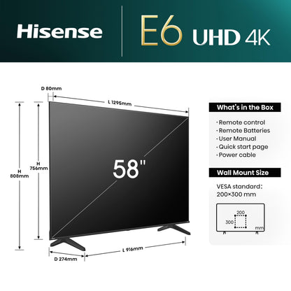 Hisense 58E6NT Fernseher 4K UHD Smart TV 58 Zoll - Schwarz