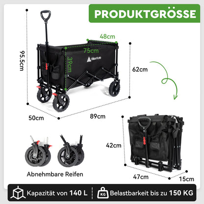 HIKENTURE Bollerwagen faltbar mit Bremse, 140 L, 150 kg belastbar