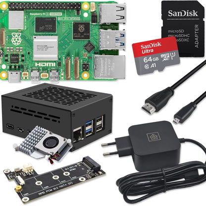 Raspberry Pi 5 16GB Kit – PCIe M.2 NVMe Metallgehäuse. Roter Einplatinencomputer im silbernen Gehäuse zur Nutzung von NVMe-SSDs.