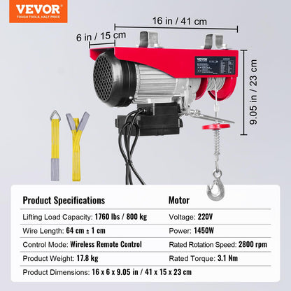 VEVOR Elektrische Seilwinde 400-800kg Hubkraft mit Fernbedienung