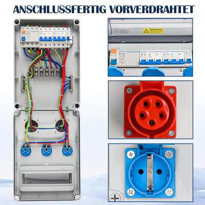 Warmfay Wandverteiler Baustromverteiler 3x 230V CEE 16A/32A FI/LS IP67