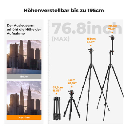 K&F CONCEPT O234A1 Kamerastativ mit Auslegearm Aluminium 163cm
