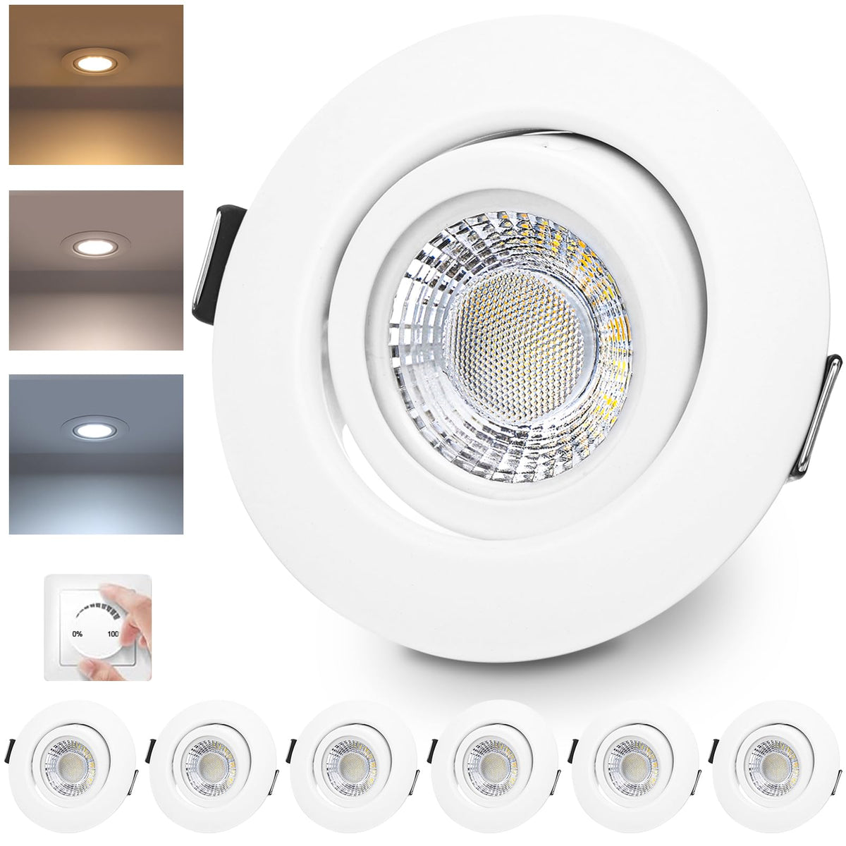 cloksh LED-Einbaustrahler 230V dimmbar IP44 schwenkbar, 6er Set in Weiss, rund, für den Deckeneinbau