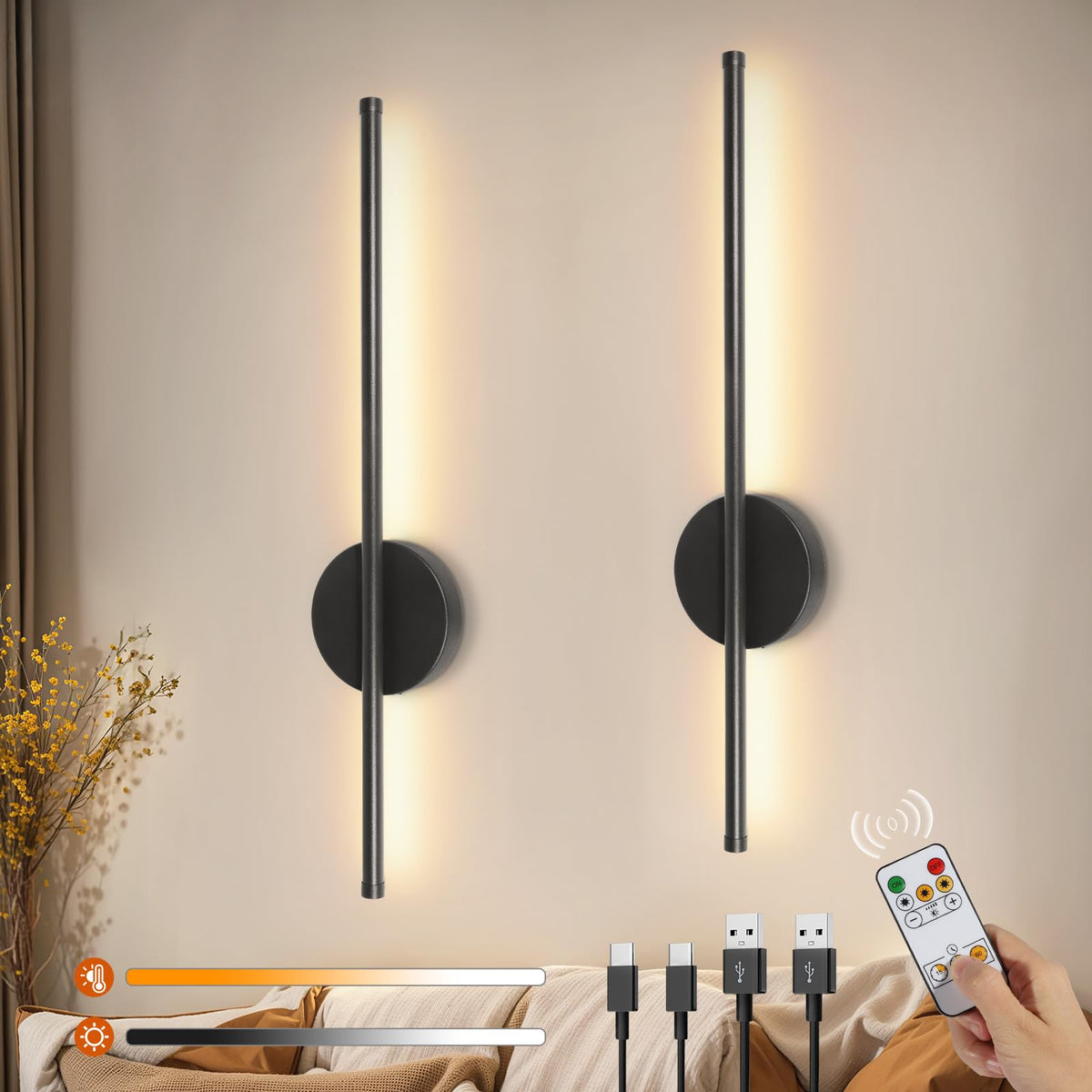 Ketom LED Wandleuchte Innen 2er-Set mit Fernbedienung, schwarz, kabellos