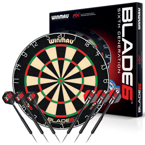 WINMAU Blade 6 Profi Bristle Dartscheibe - Inkl. 2 Dart-Sets. Farbige Bristle-Scheibe mit dünnem Spider für professionelles Dartspiel.