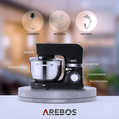 Arebos Küchenmaschine 1500 W Knetmaschine mit 2 Edelstahlschüsseln