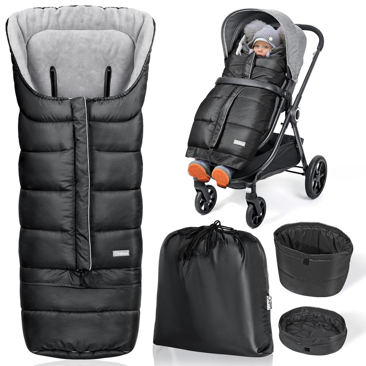 Orzbow Fussack Baby Kinderwagen Winter mitwachsend - schwarz. Sorgt für Wärme im Kinderwagen, anpassbar an Kindergröße.