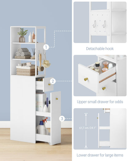 Hzuaneri Badezimmerschrank schmal mit Schubladen, 40x20x140 cm, Weiss