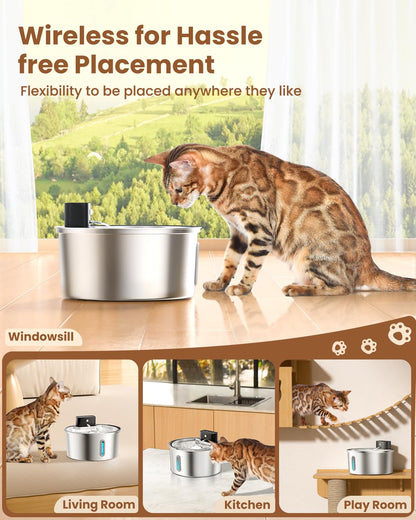 PawPoll Katzenbrunnen kabellos PW-D03, Edelstahl Trinkbrunnen 3,2 L