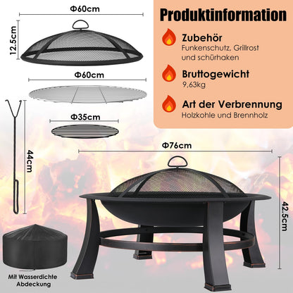 TLGREEN Feuerschale Retro Φ76cm – Schwarz, Grill & Funkenschutz