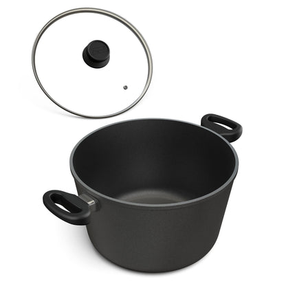Hoffmann Induktions Schmortopf Aluguss beschichtet 28cm 8L. Runder, tiefer, dunkelgrauer Schmortopf zum langsamen Garen und Schmoren auf Induktionskochfeldern.